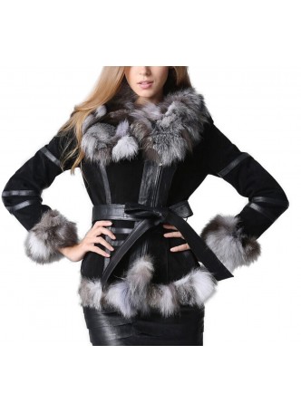 Silver Fox Fur Coat Jacket Black with Suede and Leather Trims Women's